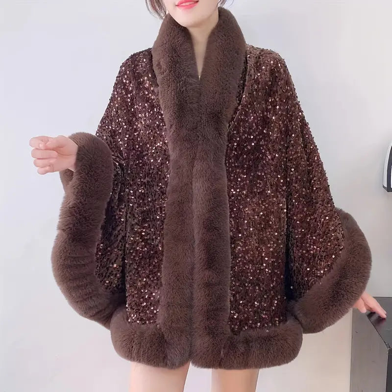 Dames faux fur cape - sprankelende pailletten warme pluche jas