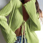 Dames gestreepte cardigan met chique diepe v-hals en flared mouwen - lichte laag voor casual en zakelijke looks