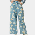 Blauwe denim damesbroek - wijde bloemenjeans