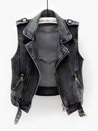 Dames gilets & vesten donkergrijze leren biker vest - trendy mouwloos jack voor vrijetijdskleding
