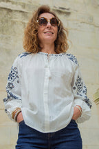 Dames geborduurde blouse in elegant wit met maritieme details - stijlvolle en gezellige casual top