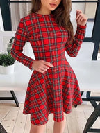 Rood tartan jurk - lange mouw dames skaterjurk