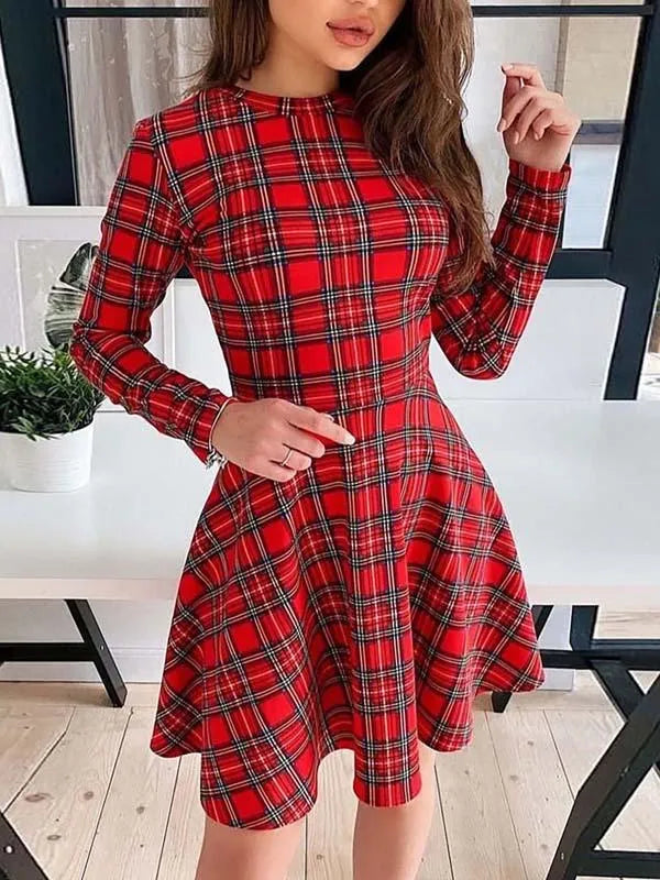 Rood tartan jurk - lange mouw dames skaterjurk
