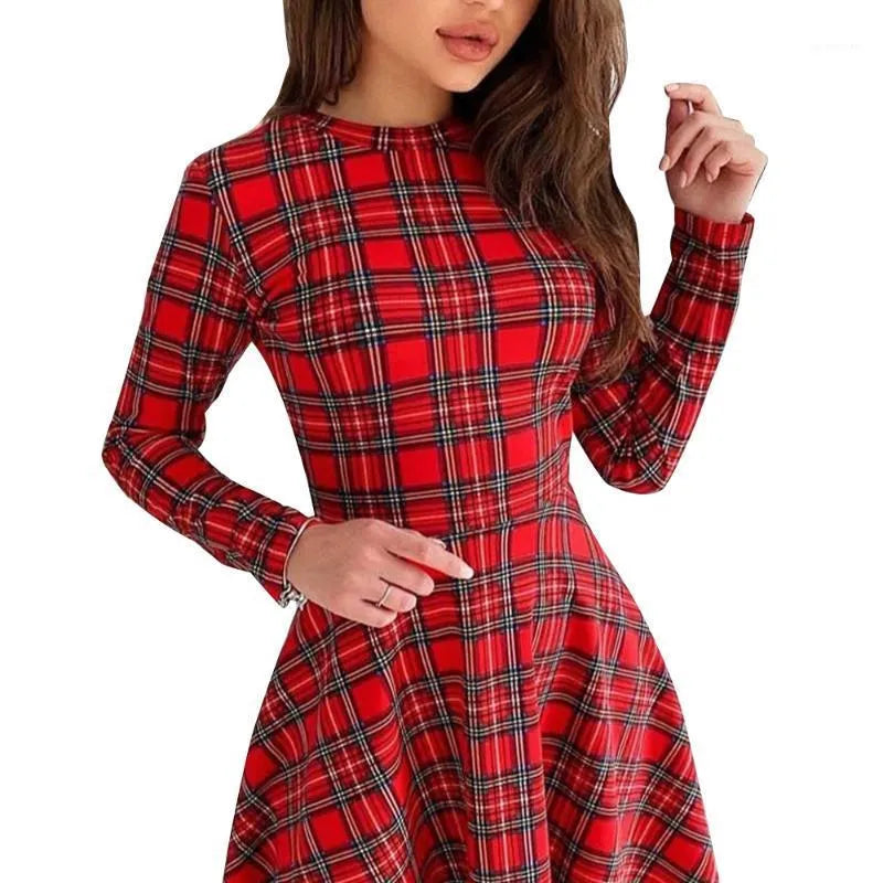 Rood tartan jurk - lange mouw dames skaterjurk