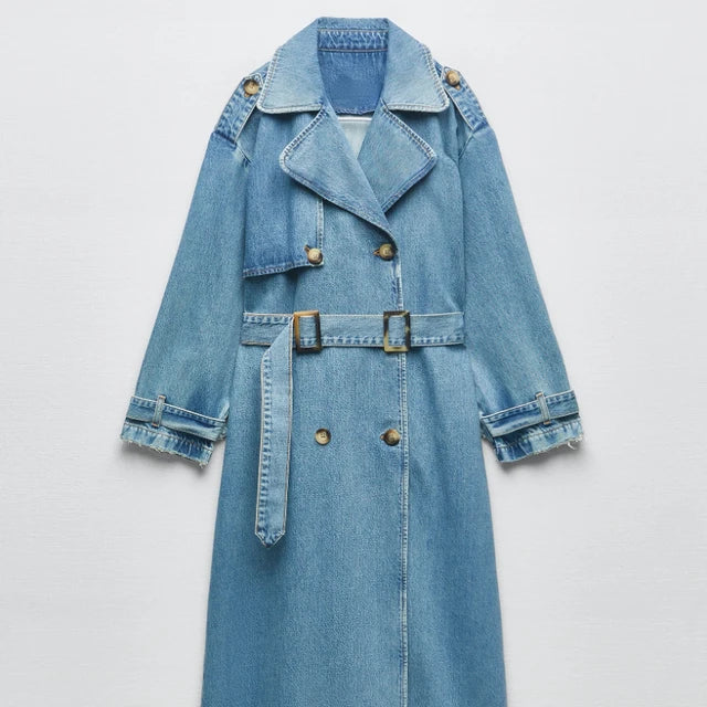 Denim trenchcoat - klassiek blauwe dames lange jas