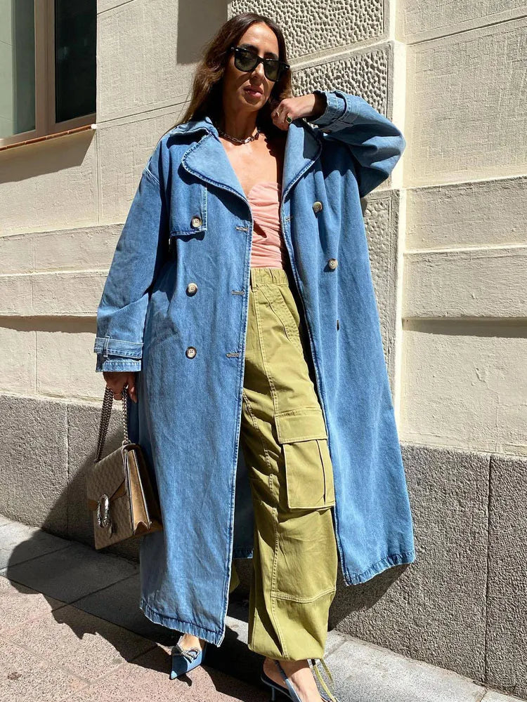 Denim trenchcoat - klassiek blauwe dames lange jas