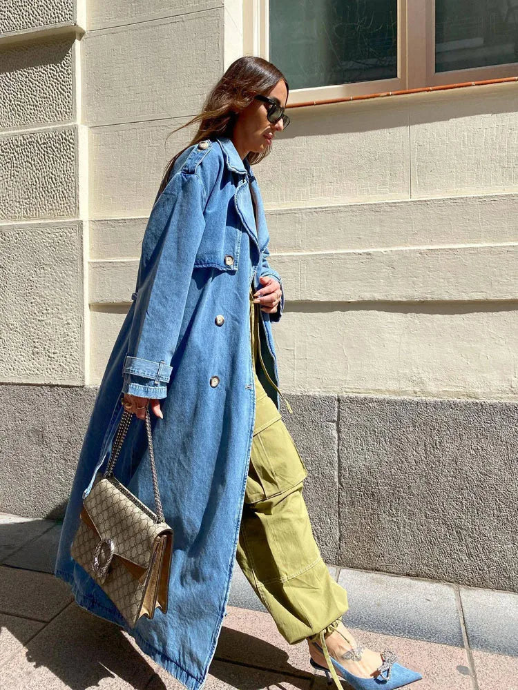 Denim trenchcoat - klassiek blauwe dames lange jas