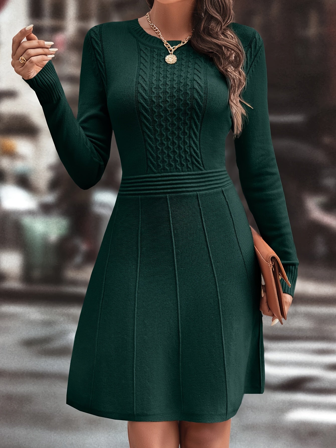 Chique gebreide jurk - donkerbruin damesjurk met lange mouwen