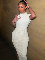 Dames één-schouder jurk - verfijnde grijze bodycon midi jurk met zijsplit