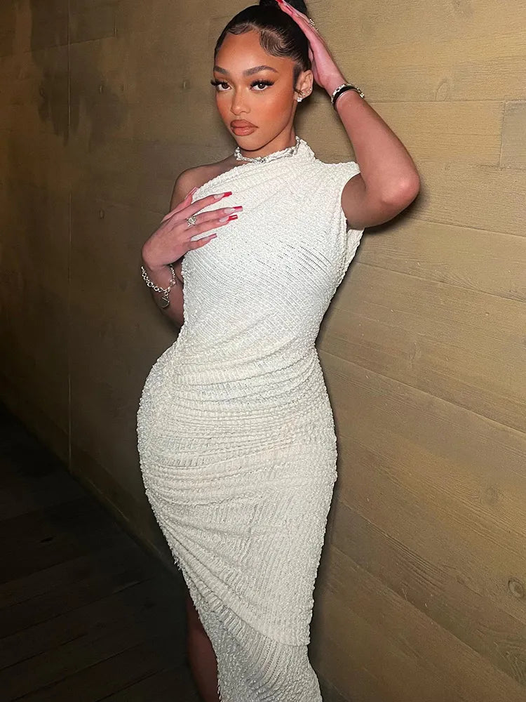 Dames één-schouder jurk - verfijnde grijze bodycon midi jurk met zijsplit