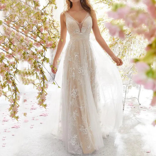 Chique mesh maxi jurk met v-hals - elegante avondjurk voor bijzondere gelegenheden