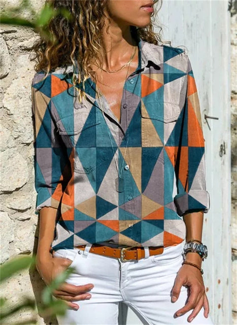 Dames blouse met geometrische print en lange mouwen - elegante alledaagse outfit voor vrouwen