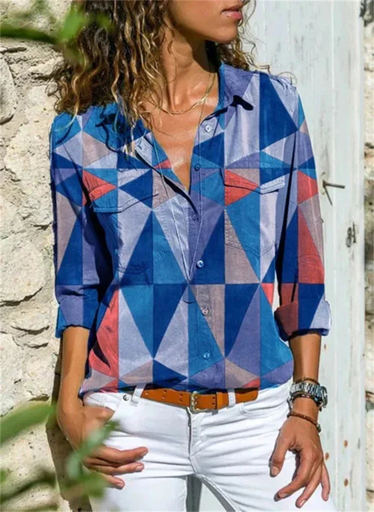 Dames blouse met geometrische print en lange mouwen - elegante alledaagse outfit voor vrouwen