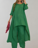 Dames asymmetrische tuniekjurk en broekset - lichtgewicht ensemble voor casual gelegenheden