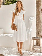 Chic midi-jurk met uitlopende mouwen - elegante katoenen outfit voor tuinfeesten