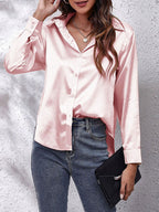 Lange mouw satijnen blouse - elegante dames button-up top