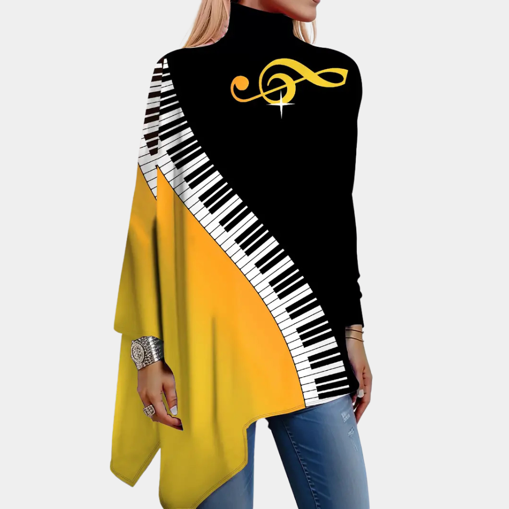 Cape blouse - stijlvolle dames top in zwart en geel met piano ontwerp
