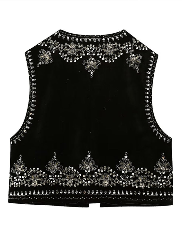 Zwarte geborduurde gilet - elegante mouwloze jas voor dames