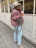 Dames gewatteerde bloemenjack elegant casual buitenkleding - knusse roze patroon winteroutfit