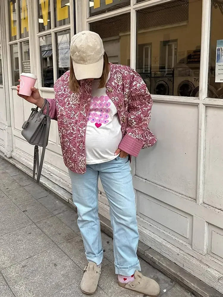 Dames gewatteerde bloemenjack elegant casual buitenkleding - knusse roze patroon winteroutfit