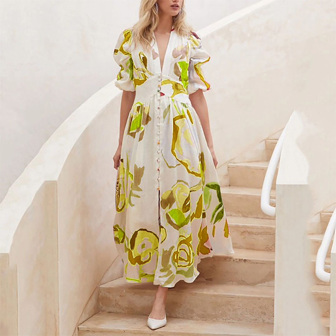 Dames bloemen maxi jurk - elegante puff mouw button-down zomerjurk