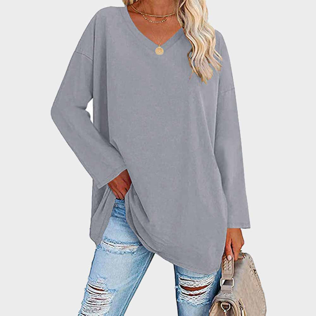 Dames relaxed fit v-hals tuniek blouse met lange mouwen - casual everyday wear, zachte stof