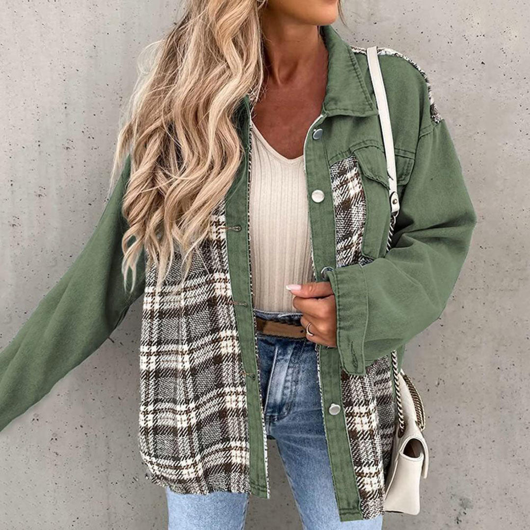 Dames denim shirtjack - stijlvol oversized jack met plaiddetails - Bakkermode.nl