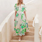 Dames bloemen maxi jurk - elegante puff mouw button-down zomerjurk