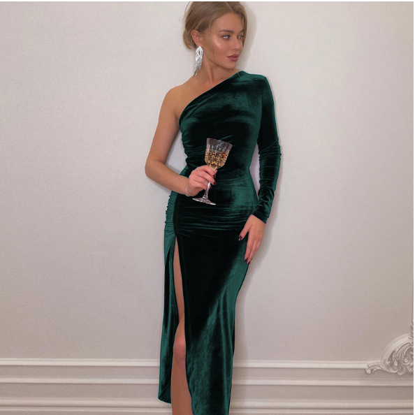 Zijden avondjurk voor dames - elegante fluwelen avondmode met verleidelijke split - verfijnd ontwerp met één schouder voor speciale gelegenheden