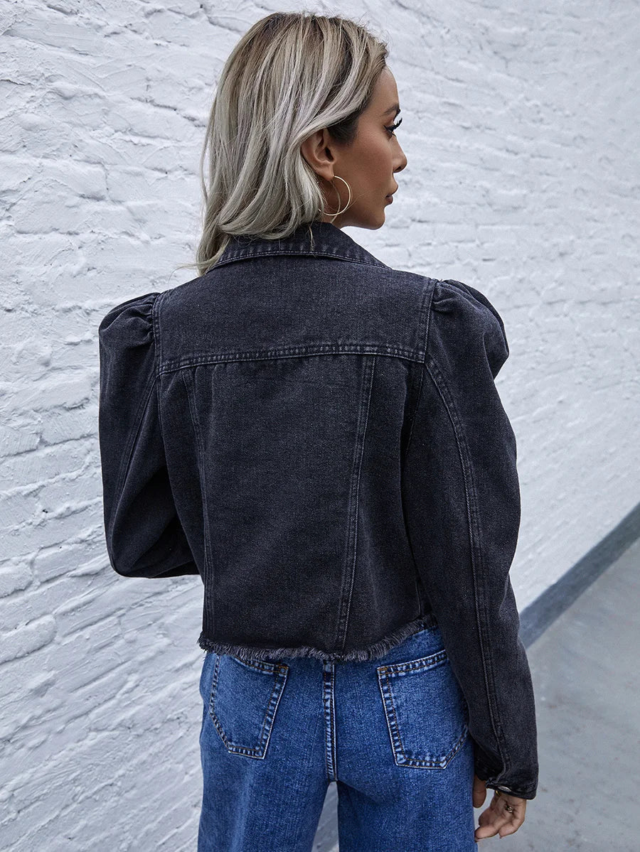 Denimjack - trendy cropped damesjack met pofmouwen