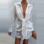 Dames hemdjurk met strikdetail - elegante satijnen blousejurk met lange mouwen