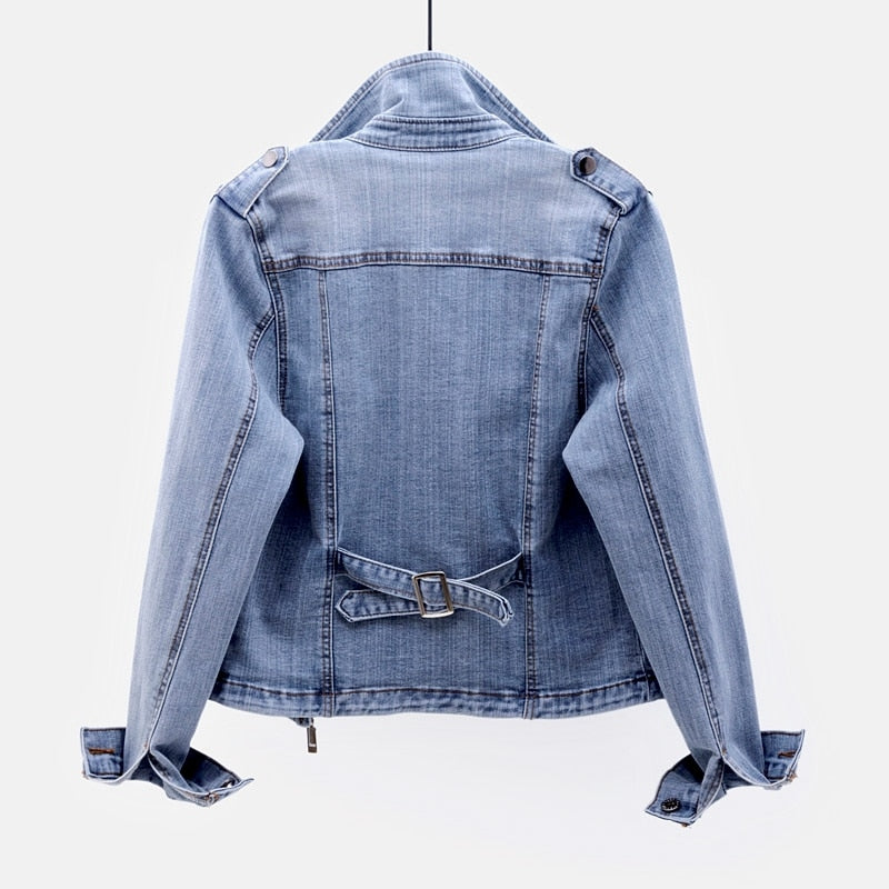 Denim damesjack - stijlvolle blauwe bikerjas - Bakkermode.nl
