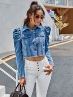 Denimjack - trendy cropped damesjack met pofmouwen