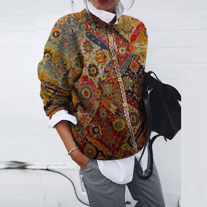 Vintage patterned jacket - dames elegante multikleurige knoopjacket