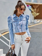 Denimjack - trendy cropped damesjack met pofmouwen