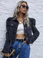 Denimjack - trendy cropped damesjack met pofmouwen