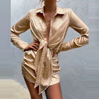 Dames hemdjurk met strikdetail - elegante satijnen blousejurk met lange mouwen