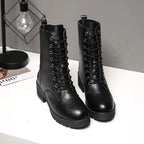 Halverwege kuit leren enkellaarzen dames – vetersluiting platformlaarzen - Bakkermode.nl