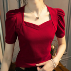 Rode puff sleeve top - stijlvolle geribde blouse voor dames