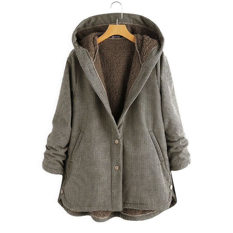 Geruite hooded coat - dames oversized fleece-gekante jas