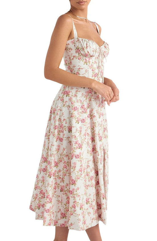 Dames casual bloemen midi-jurk met strikaccent - zomeroutfit voor tuinfeesten, zachte stof