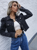 Denimjack - trendy cropped damesjack met pofmouwen