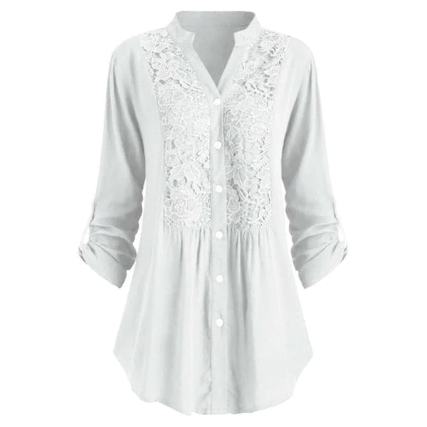Dames lange blouse met kantdetails - stijlvolle button-up shirt