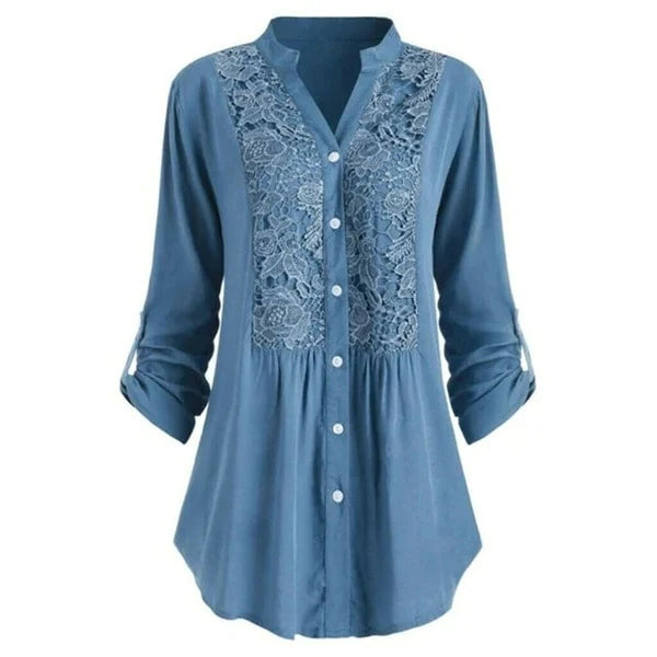 Dames lange blouse met kantdetails - stijlvolle button-up shirt