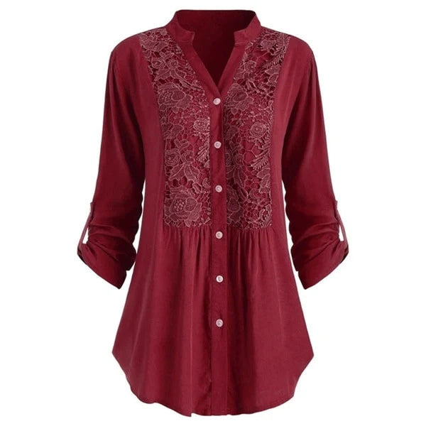 Dames lange blouse met kantdetails - stijlvolle button-up shirt