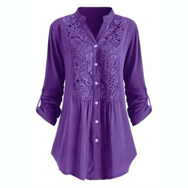 Dames lange blouse met kantdetails - stijlvolle button-up shirt