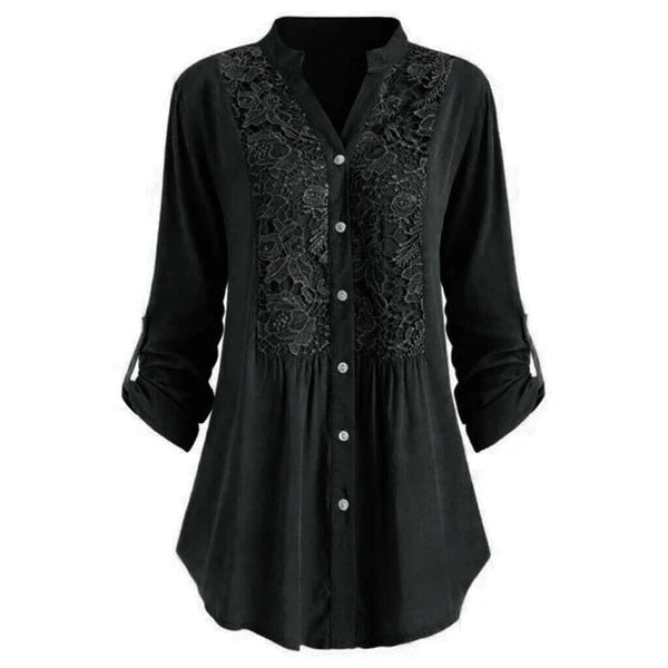Dames lange blouse met kantdetails - stijlvolle button-up shirt