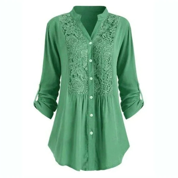Dames lange blouse met kantdetails - stijlvolle button-up shirt