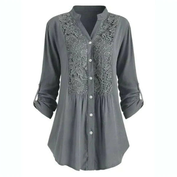 Dames lange blouse met kantdetails - stijlvolle button-up shirt