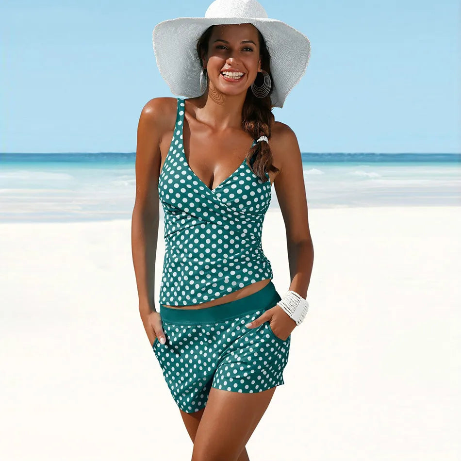 2-delige dames tankini set met shorts - trendy stippenprint strandmode voor de zomer